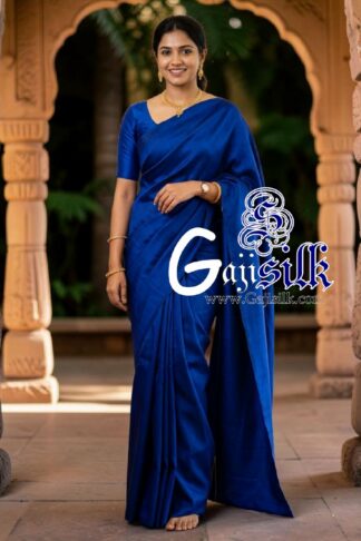 Royal Blue Single Color Plain Saree Ultra-Lightweight in Pure Gaji Silk