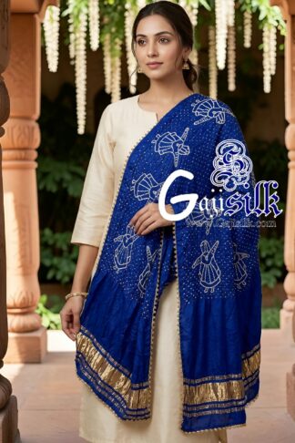 Royal Blue Pure Gaji Silk Rai Bandhani Dupatta with Dandiya Raas Motifs