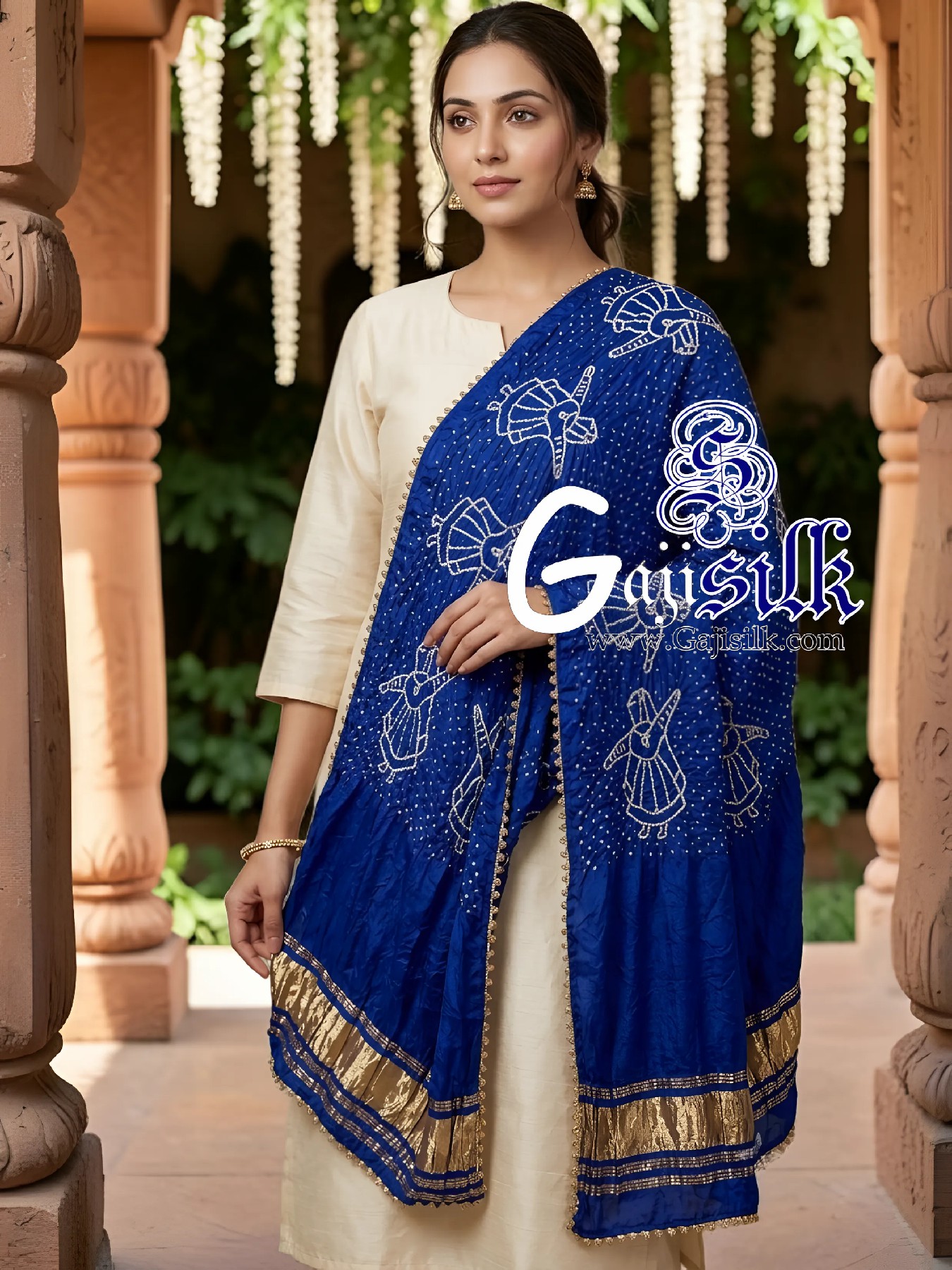 Royal Blue Pure Gaji Silk Rai Bandhani Dupatta with Dandiya Raas Motifs