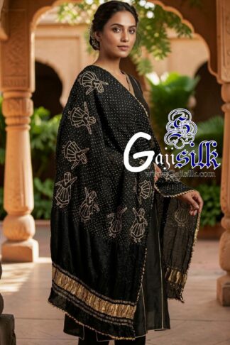 Black Pure Gaji Silk Rai Bandhani Dupatta with Dandiya Raas Motifs