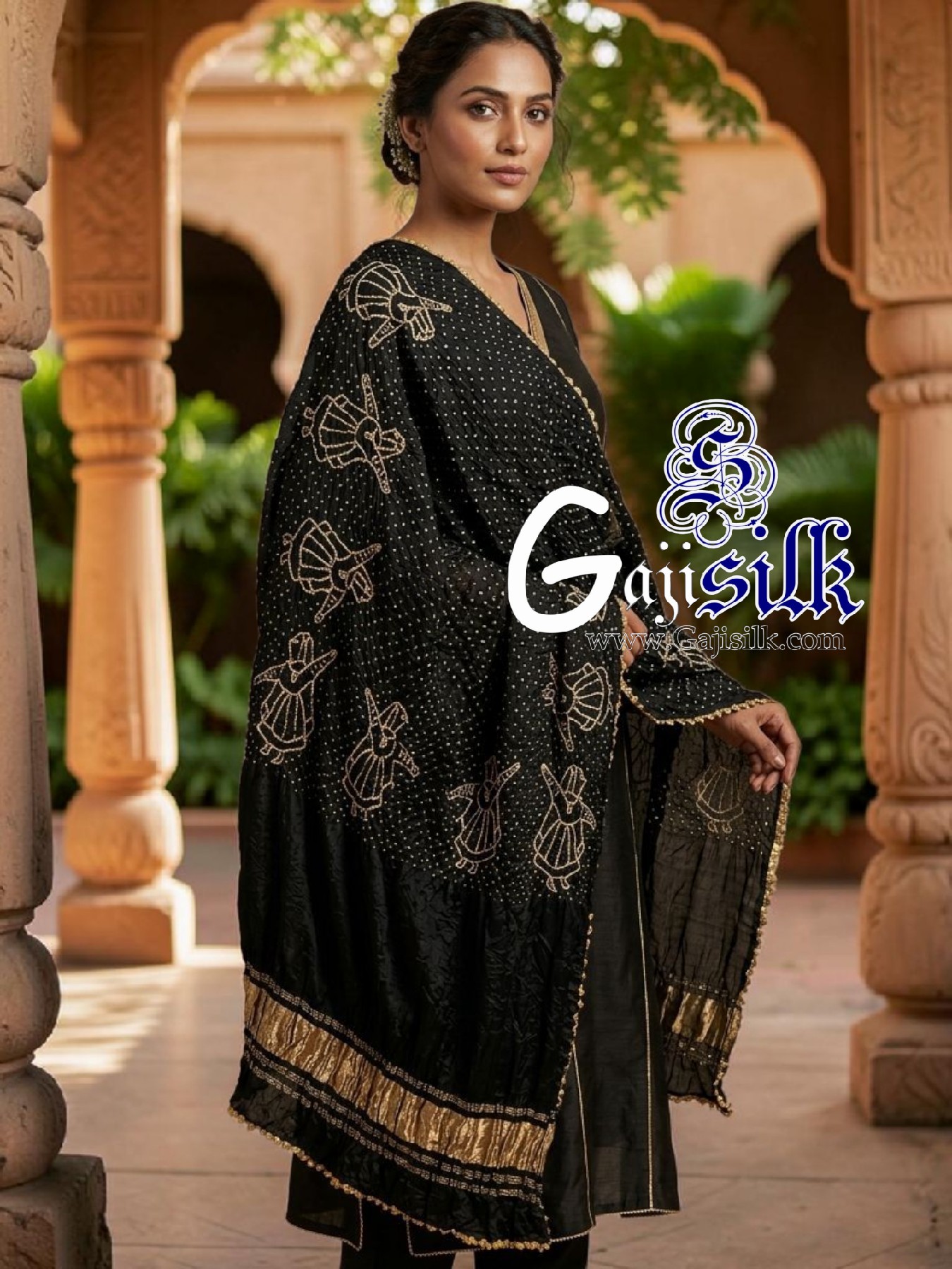 Black Pure Gaji Silk Rai Bandhani Dupatta with Dandiya Raas Motifs