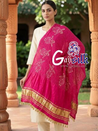 Rani Pink Pure Gaji Silk Rai Bandhani Dupatta with Dandiya Raas Motifs