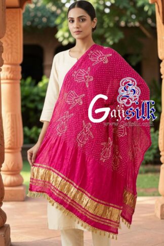 Rani Pink Pure Gaji Silk Rai Bandhani Dupatta with Dandiya Raas Motifs