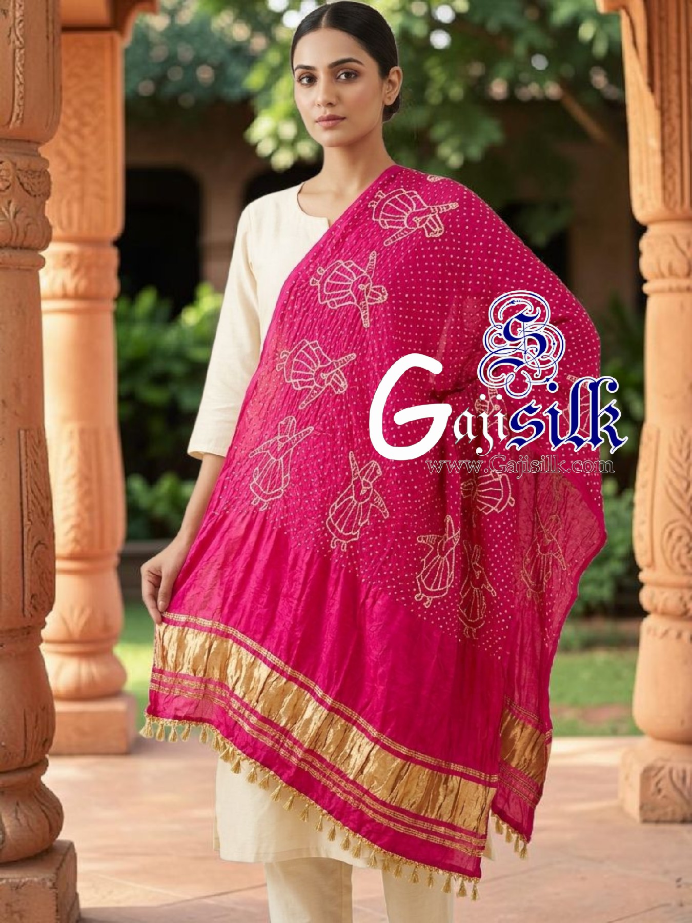 Rani Pink Pure Gaji Silk Rai Bandhani Dupatta with Dandiya Raas Motifs