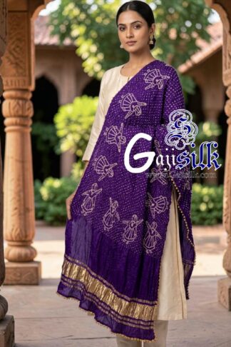 Purple Pure Gaji Silk Rai Bandhani Dupatta with Dandiya Raas Motifs
