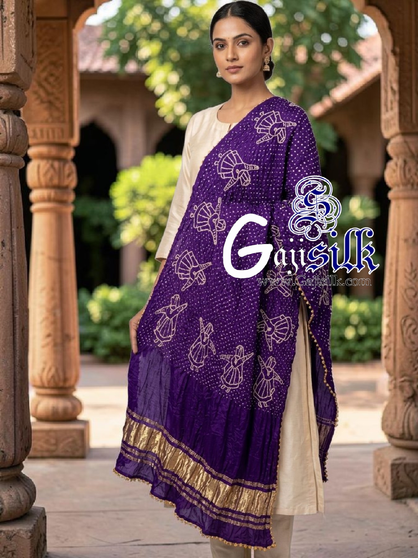 Purple Pure Gaji Silk Rai Bandhani Dupatta with Dandiya Raas Motifs