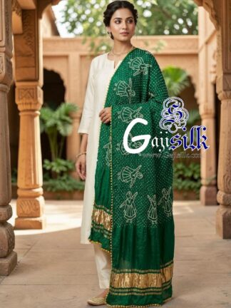 Green Pure Gaji Silk Rai Bandhani Dupatta with Dandiya Raas Motifs