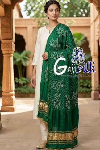 Green Pure Gaji Silk Rai Bandhani Dupatta with Dandiya Raas Motifs