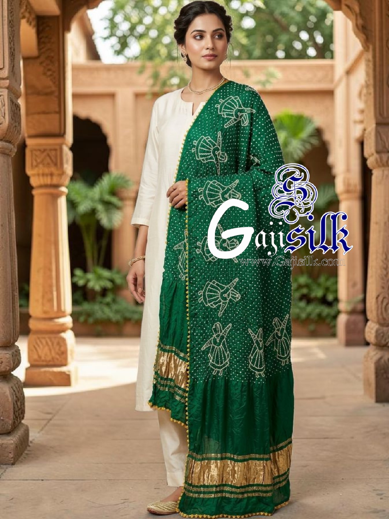 Green Pure Gaji Silk Rai Bandhani Dupatta with Dandiya Raas Motifs