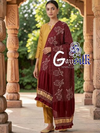 Marron Pure Gaji Silk Rai Bandhani Dupatta with Dandiya Raas Motifs