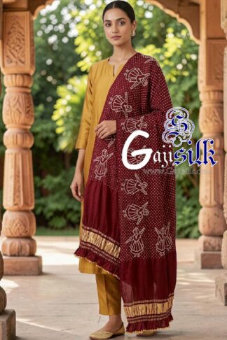 Marron Pure Gaji Silk Rai Bandhani Dupatta with Dandiya Raas Motifs