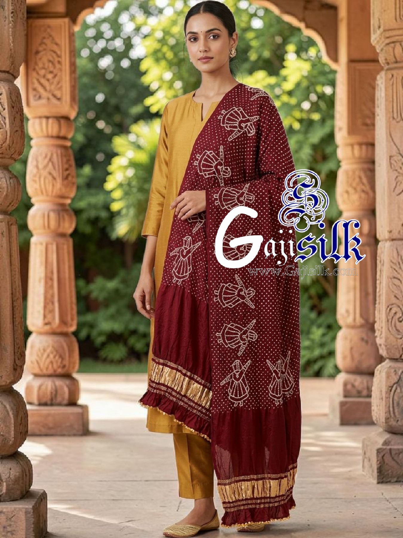 Marron Pure Gaji Silk Rai Bandhani Dupatta with Dandiya Raas Motifs