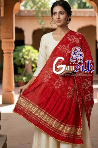 Bright Red Pure Gaji Silk Rai Bandhani Dupatta with Dandiya Raas Motifs