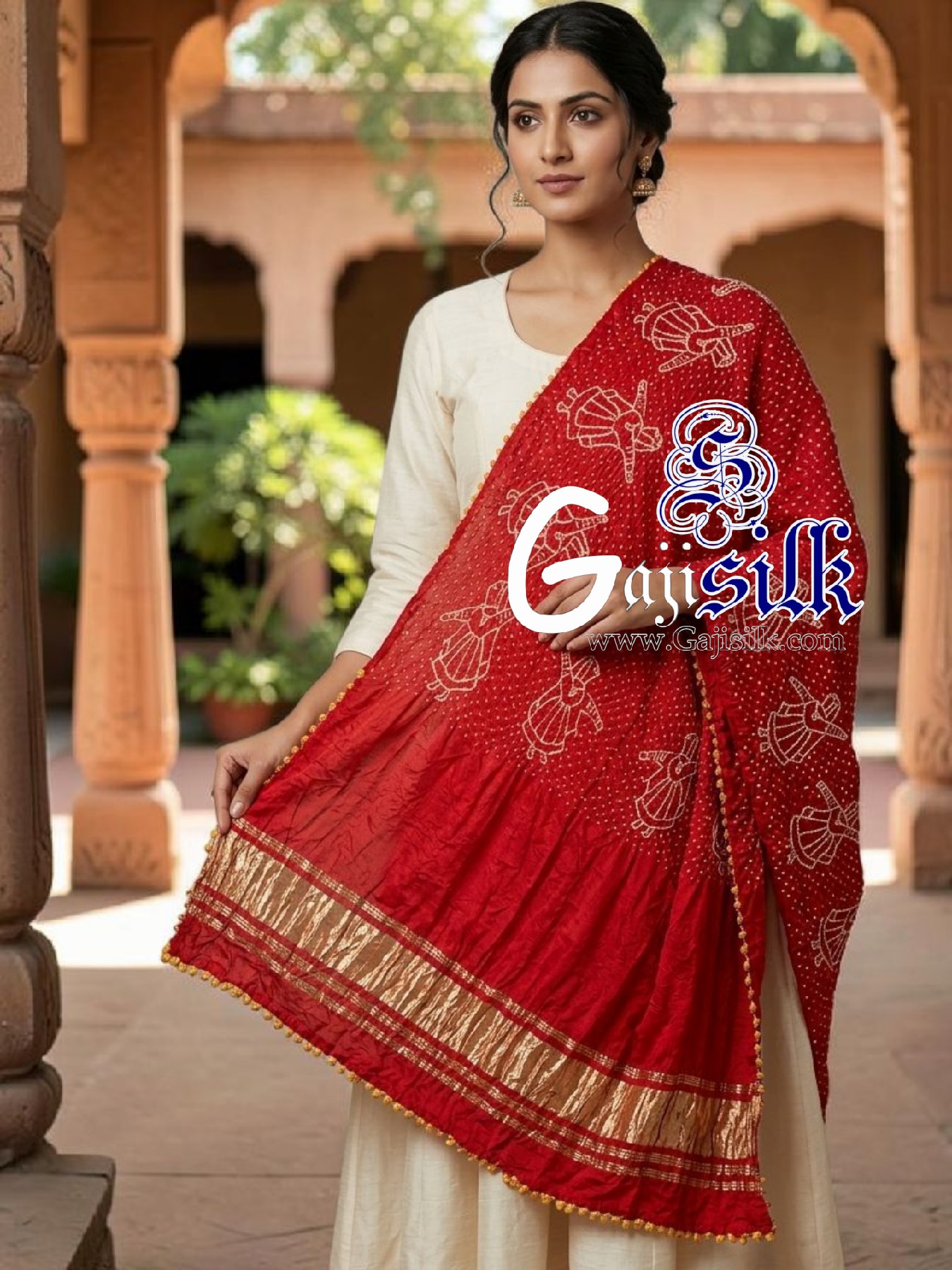 Bright Red Pure Gaji Silk Rai Bandhani Dupatta with Dandiya Raas Motifs