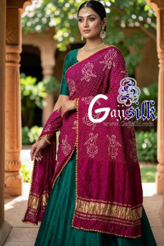 Magenta Pure Gaji Silk Rai Bandhani Dupatta with Dandiya Raas Motifs