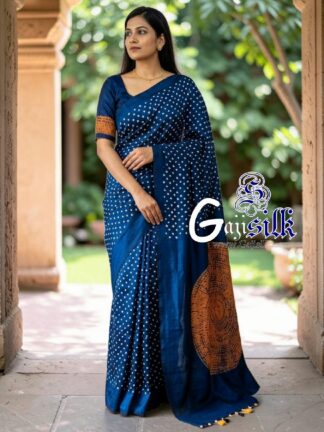 Skyies Blue Rai Bandhani Body & Circular Shibori Pallu Saree in Pure Gaji Silk