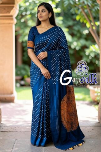 Skyies Blue Rai Bandhani Body & Circular Shibori Pallu Saree in Pure Gaji Silk