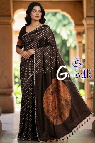 Dark Brown Rai Bandhani Body & Circular Shibori Pallu Saree in Pure Gaji Silk