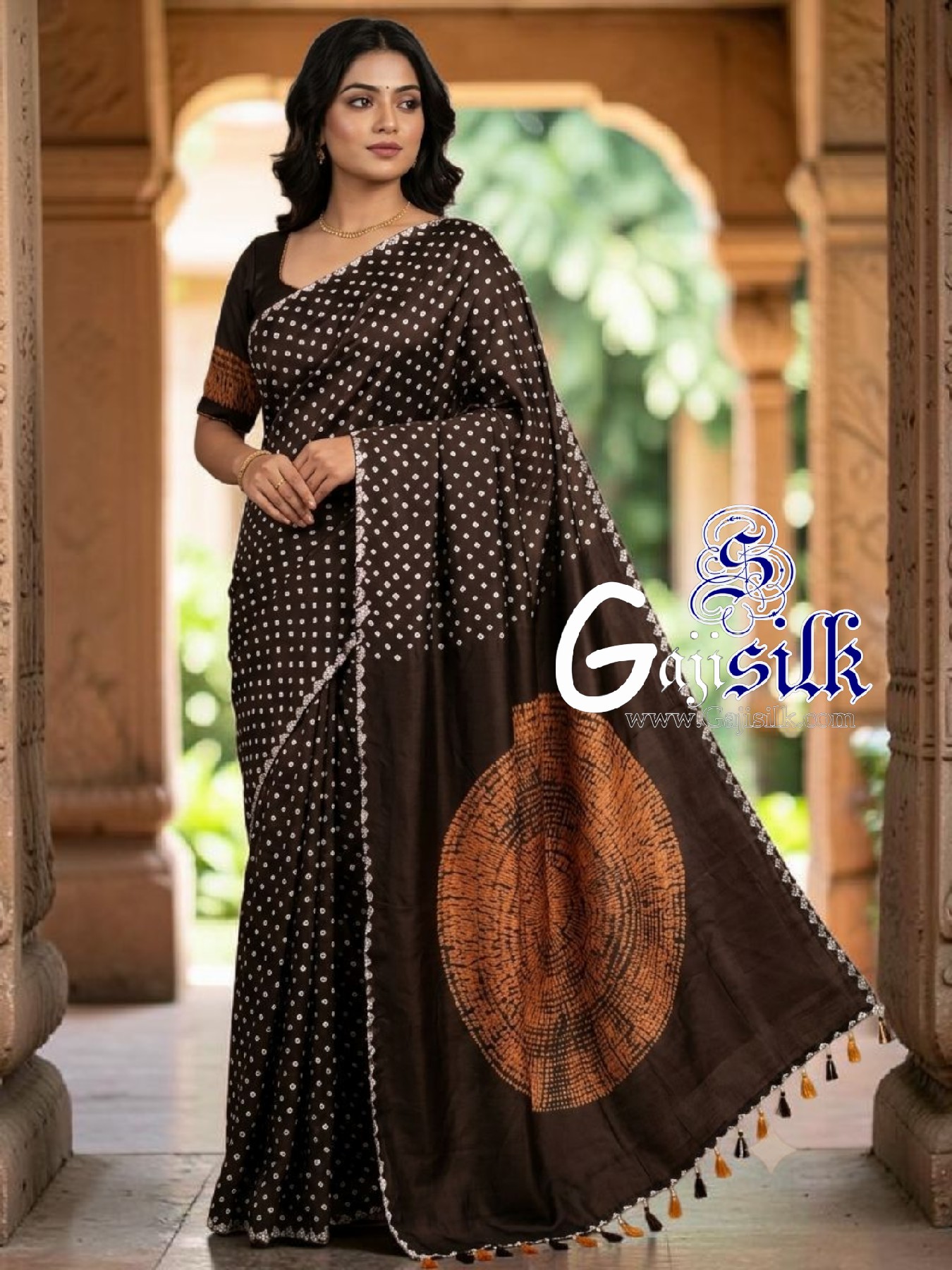 Dark Brown Rai Bandhani Body & Circular Shibori Pallu Saree in Pure Gaji Silk