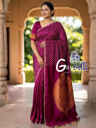 Magenta Rai Bandhani Body & Circular Shibori Pallu Saree in Pure Gaji Silk