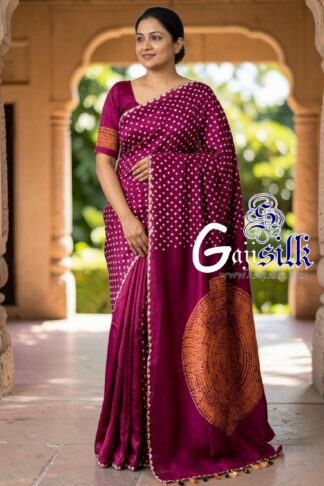 Magenta Rai Bandhani Body & Circular Shibori Pallu Saree in Pure Gaji Silk