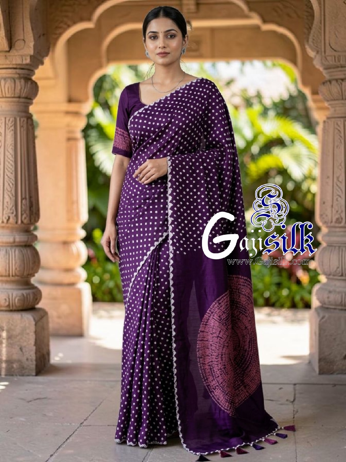 Purple Rai Bandhani Body & Circular Shibori Pallu Saree in Pure Gaji Silk
