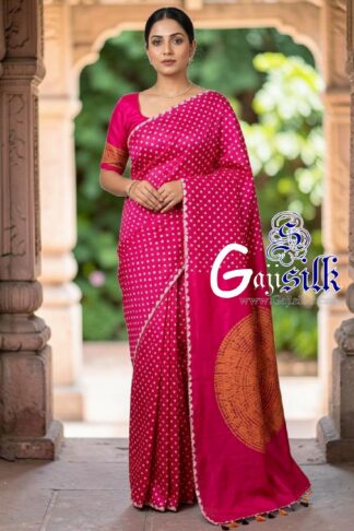 Rani Pink Rai Bandhani Body & Circular Shibori Pallu Saree in Pure Gaji Silk