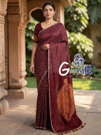 Marron Rai Bandhani Body & Circular Shibori Pallu Saree in Pure Gaji Silk