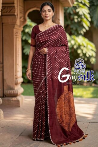 Marron Rai Bandhani Body & Circular Shibori Pallu Saree in Pure Gaji Silk