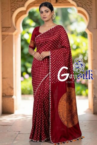 Dark Red Rai Bandhani Body & Circular Shibori Pallu Saree in Pure Gaji Silk