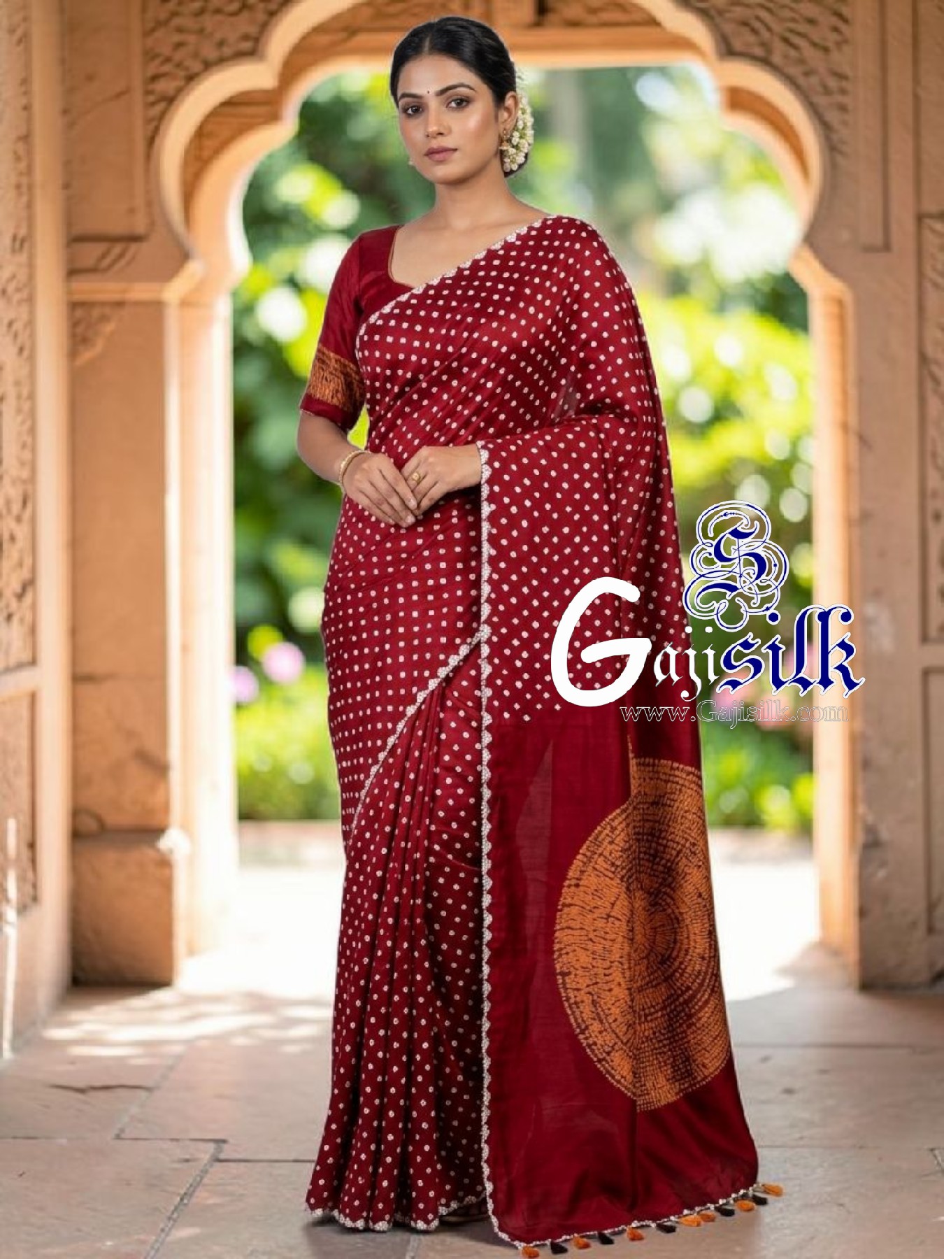 Dark Red Rai Bandhani Body & Circular Shibori Pallu Saree in Pure Gaji Silk
