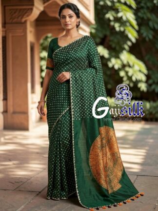 Green Rai Bandhani Body & Circular Shibori Pallu Saree in Pure Gaji Silk