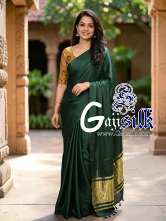 Bottle Green Plain Saree Ultra-Lightweight in Pure Gaji Silk In Lagdi Palav
