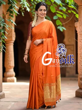 Orange Plain Saree Ultra-Lightweight in Pure Gaji Silk In Lagdi Palav