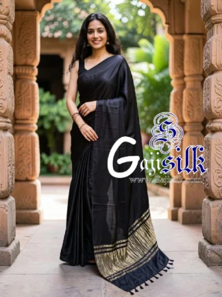 Black Plain Saree Ultra-Lightweight in Pure Gaji Silk In Lagdi Palav