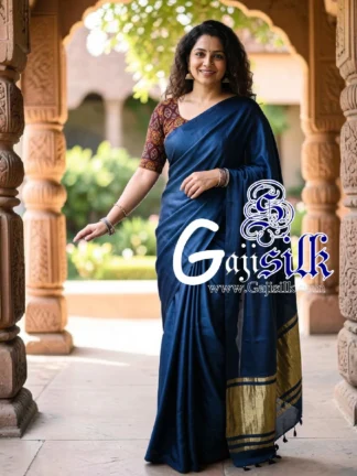 Navy Blue Plain Saree Ultra-Lightweight in Pure Gaji Silk In Lagdi Palav