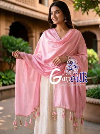 Baby Pink Single Color Plain Dupatta Ultra-Lightweight in Pure Gaji Silk