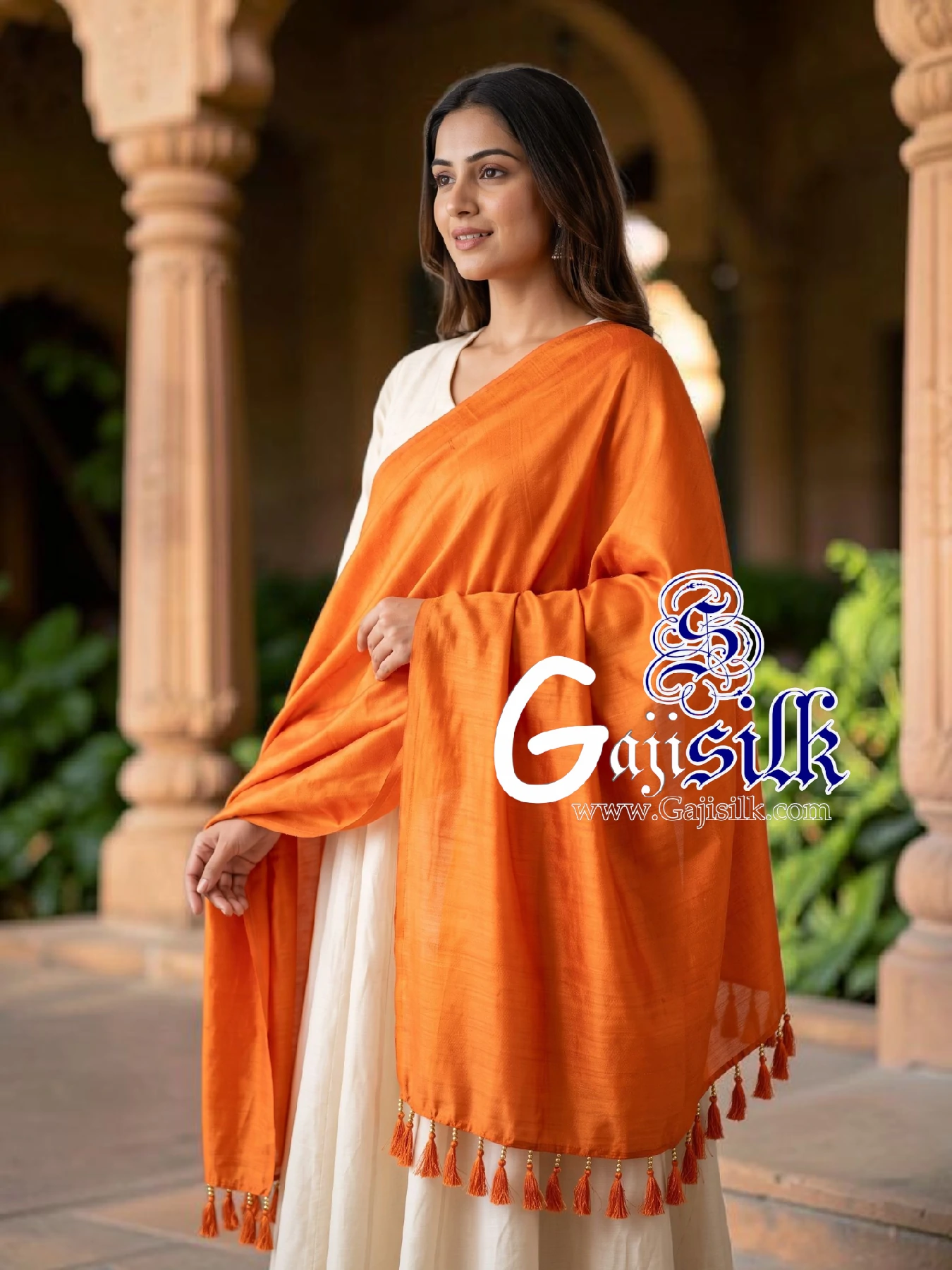 Orange Single Color Plain Dupatta Ultra-Lightweight in Pure Gaji Silk
