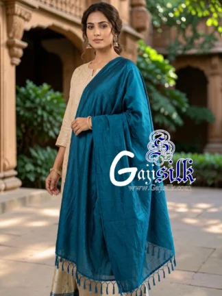 Peacock Blue Single Color Plain Dupatta Ultra-Lightweight in Pure Gaji Silk