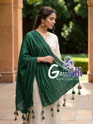 Bottle Green Single Color Plain Dupatta Ultra-Lightweight in Pure Gaji Silk